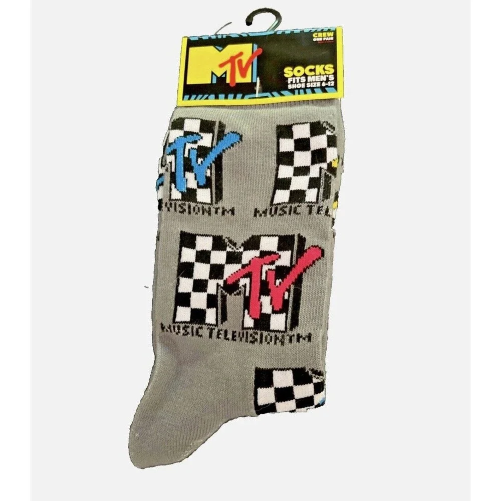 MTV Music Video Television Novelty Crew Socks Mens 6-12 Gray 80s Retro Colorful